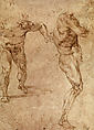 Studies for the Battle of Cascina: Two Standing Nude Male Figures (recto); Nude Male Figure in Half-Length Seen from the Rear (verso), Michelangelo Buonarroti (Italian, Caprese 1475–1564 Rome), Pen and brown ink (recto); black chalk, highlighted with white chalk (verso)